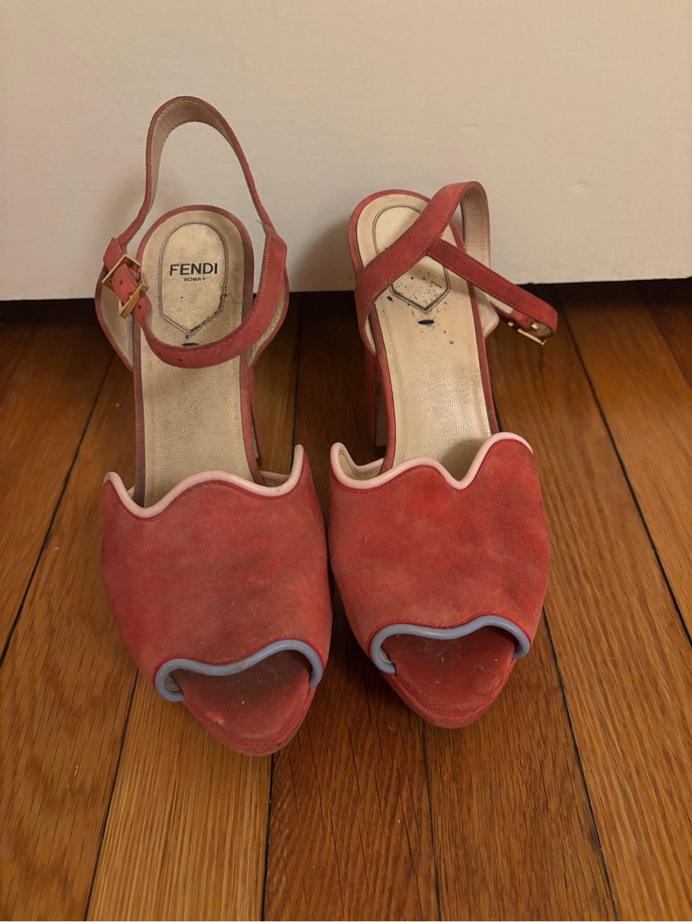 Fendi Coral Suede Scalloped Open-Toe Slingback Heels